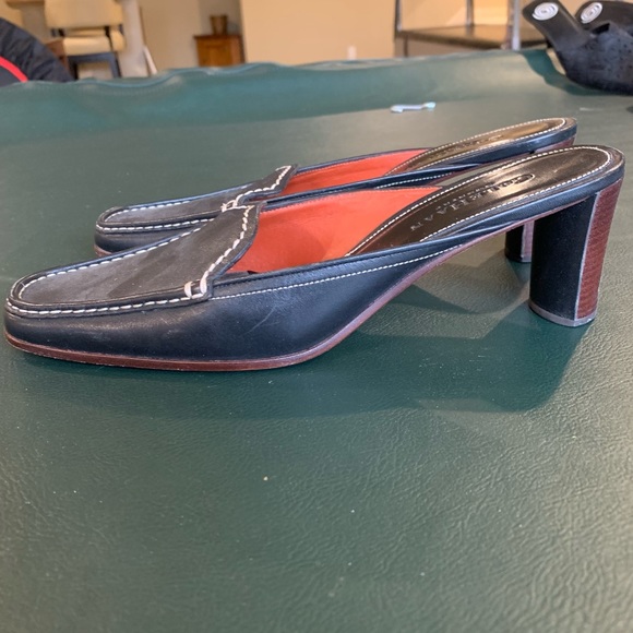 Cole Haan Square Toe Black Leather Loafer Mules w Wooden Stacked Low Heel Size 8 - Picture 12 of 16